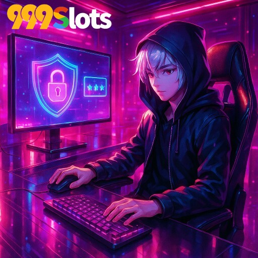 Imagem promocional da 999SLOTS destacando login ágil e plataforma protegida